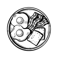 Breakfast plate example, hand-drawn style with fried eggs, bacon strips, and toasted bread slices on a round plate. This breakfast plate example showcases a tasty breakfast meal, including bacon, eggs