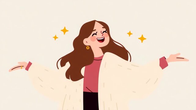 A joyful and radiant lady embodies pure happiness, her arms spread wide in a gesture of freedom and self-assuredness. Her eyes sparkle with delight, capturing a moment of pure joy.