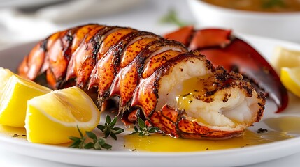Grilled Lobster Tail with Lemon and Herbs on a White Plate