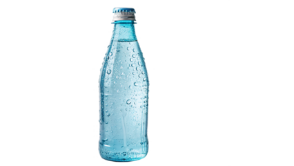  A clear glass bottle filled with mineral water, covered with condensation drops healthy Drinking water isolated on transparent background