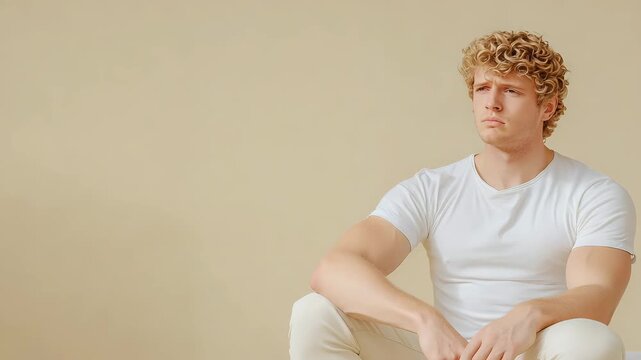 A pensive man with curly hair dressed in a white t-shirt and beige bottoms, sitting quietly against a plain background, evokes feelings of contemplation, introspection, or perhaps solitude.