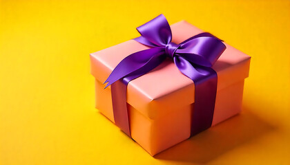 A pastel pink gift box with a shiny purple ribbon and bow against a bright yellow background, depicted in vibrant 4K clarity.

