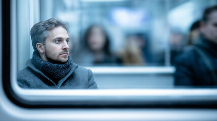 Young man with light brown hair, wearing a dark coat and scarf, sits quietly in a subway train, surrounded by blurred passengers, reflecting on his journey in a modern urban environment
