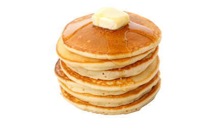 Stack of Fluffy Pancakes with Butter and Syrup Dripping on Top  on transparent background