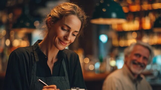 Serving with a Smile: A warm and inviting scene of a waitress, diligently taking an order with a genuine smile, creating a pleasant and welcoming atmosphere for customers.