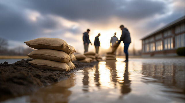 Group of individuals working together to stack sandbags along a flooded area, with reflections in water and dramatic clouds creating a sense of urgency and teamwork