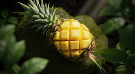 A freshly diced pineapple rests on a mossy rock in a lush jungle setting.