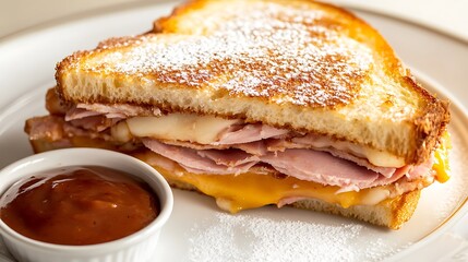 Golden Grilled Sandwich with Ham, Cheese, and Powdered Sugar Served with Dipping Sauce