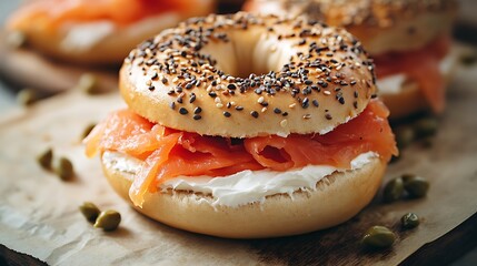 Fresh Bagel with Cream Cheese and Smoked Salmon Topped with Sesame Seeds