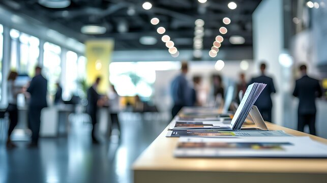 Modern Business Exhibition: A contemporary exhibition space filled with professionals interacting near informational materials. capturing an atmosphere of networking and information exchange.