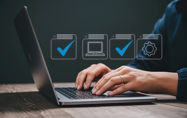 Businessman's hands typing on a laptop keyboard in an office, working with technology and online communication