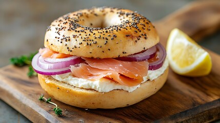 Bagel with Cream Cheese, Smoked Salmon, and Red Onion Topped with Lemon Wedge