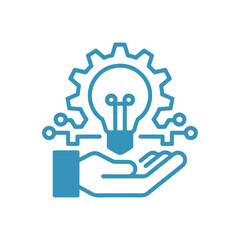 Blue hand holding light bulb with gear and circuit lines