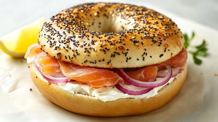 Everything Bagel with Cream Cheese, Smoked Salmon, and Red Onion Slices