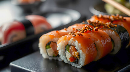 Close-up of fresh sushi rolls wrapped in salmon with rice, vegetables, and seaweed, topped with crunchy seasoning, placed on a dark plate with blurred sushi pieces in the background.