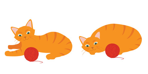 Funny and playful ginger kittens in various poses playing with yarn balls
