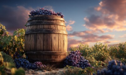 Wooden barrel filled with grapes at vineyard sunset (1)