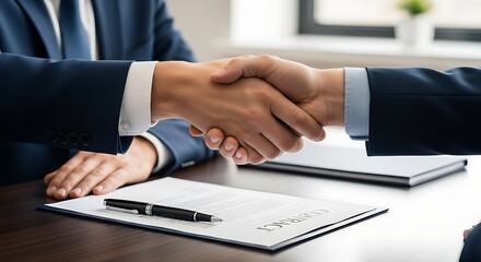 Two businessmen shaking hands over a contract on a table, symbolizing agreement and partnership.