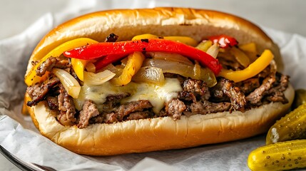 Steaming Philly Cheesesteak with Saut?d Peppers and Onions on a Hoagie Roll