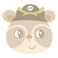 Pirate clipart. Pirate animal faces clipart. Hand drawn vector illustration. Pirate animal head clip art in cartoon flat style.