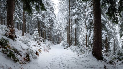 Snowy forest trail winter tall fir trees covered fresh snow soft footprints leading through woods peaceful overcast sky serene minimal color palette ideal seasonal nature themes winter holiday visuals