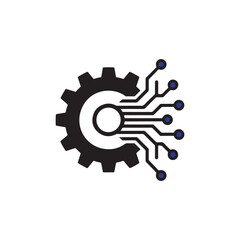 Black gear with blue dot circuit board connections