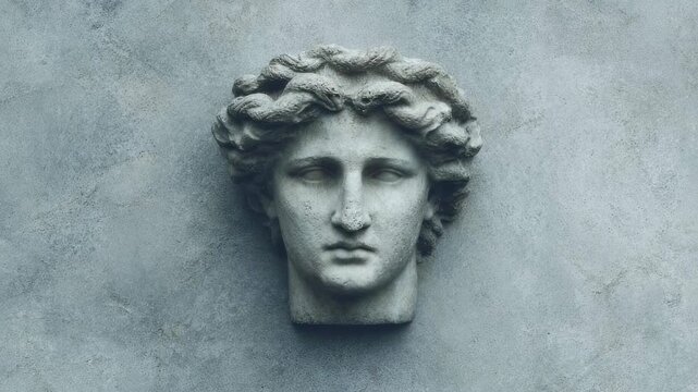 Ancient Greek sculpture head with laurel wreath on textured background. Classical art, mythology concept. Plaster bust for education, interior design, and history study