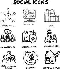 Hand-drawn social icons including fundraising, donation, gifts, volunteering, medical care, and more. Ideal for nonprofit, charity, and community projects.
