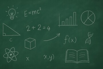 Chalkboard with Science and Math Doodles, Educational Background for Learning, Physics, and STEM Concepts, School and University Studies, Knowledge