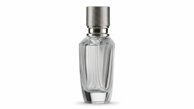 A rectangular perfume bottle is featured, with a metallic textured top and a transparent glass body containing liquid. The backdrop is white