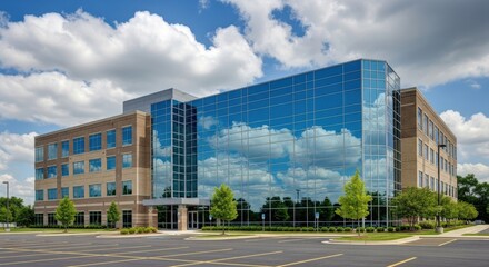 Modern Office Building with Glass Facade and Blue Sky Reflections