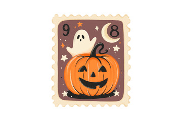 A halloween pumpkin and ghost on a vintage postage stamp with stars and moon, isolated on transparent background