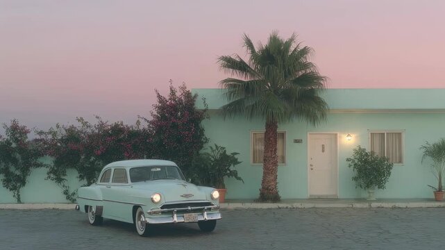 Vintage car parked in front of retro motel at sunset. Palm tree and pastel sky. Nostalgic 1950s americana scene. Classic automobile travel concept.