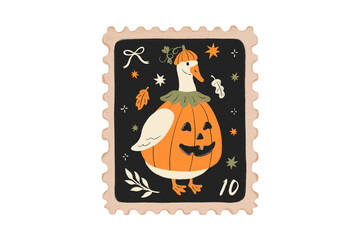 A goose in a pumpkin costume on a postage stamp isolated on transparent background © Lemon