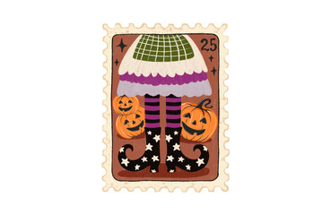 A witchs legs with pumpkins are depicted on a vintage halloween stamp isolated on transparent background