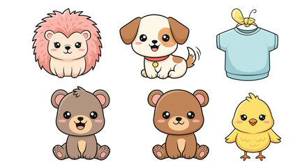 Adorable cartoon animals and a t-shirt illustration for baby products or educational resource