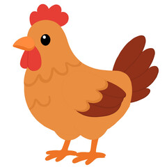 Cute cartoon illustration of a brown chicken with red comb and tail feathers, isolated on a white background.