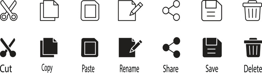 Cut, copy, paste, rename, share, save and delete simple icon symbol collection . Vector illustration .