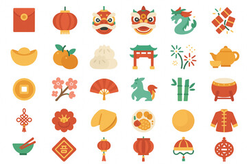 Flat Vector Chinese Event New Year Icons &ndash; Lunar Festival Symbol Set on White Background