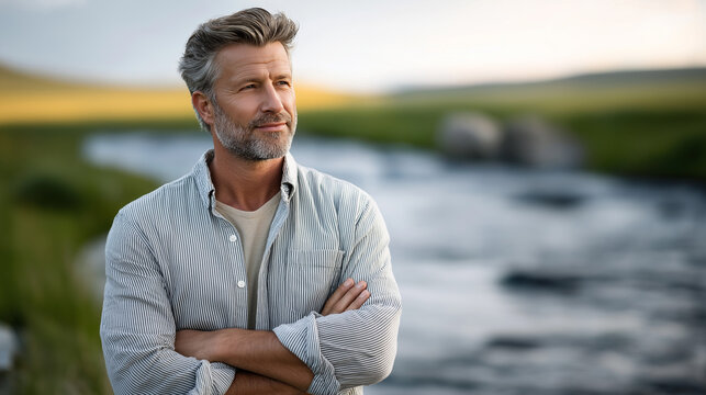 A thoughtful man by the riverbank in gentle light
