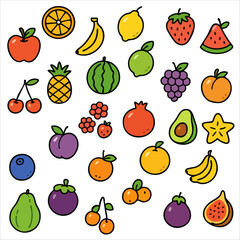 Colorful fruit icons including apple banana lemon strawberry watermelon pineapple grapes avocado and more in playful style