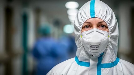 Healthcare worker in protective suit and face mask in hospital corridor during pandemic. Medical staff in PPE. Covid-19 crisis response and infection control.