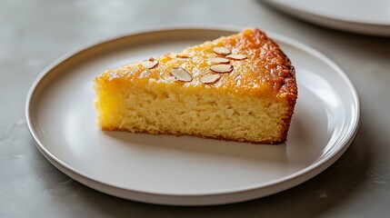 Slice of Almond-Top Cake on a White Plate