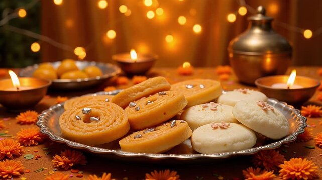 A silver thali brimming with Diwali sweets like jalebis, ladoos, and barfis, alongside diyas and marigolds, bathed in the warm glow of festive lights.