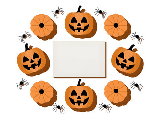Flatlay Halloween Design Orange Pumpkins Black Spiders Blank Rectangle White Space isolated on a transparent background