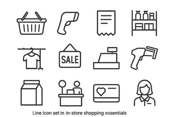 Line icons of in-store shopping essentials on gray background
