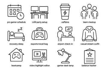 Gaming lifestyle icons: equipment, travel, sleep, outfit, organization