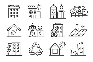 Fototapeta premium Sustainable energy icons featuring solar panels, recycling, and electric vehicles