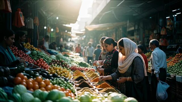 Busy Middle Eastern market stall with fresh produce. Colorful fruits and vegetables on display. People shopping at traditional bazaar. Cultural food scene.
