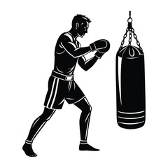 Silhouette of a boxer training with a punching bag in a dynamic pose